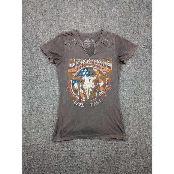 y2k Affliction Womens Graphic T-Shirt Top Gray Bull Skull Medium Grunge 90s - Picture 1 of 7